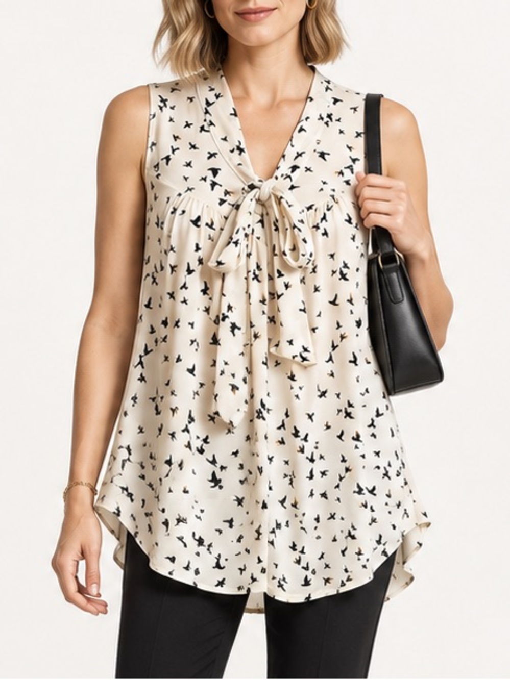 Ember Bird Print Flowy Sleeveless Blouse Tie Neck Coquette Twee Academia Medium